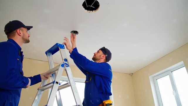 Two men in blue coveralls work on a ceiling, using a ladder near a hole