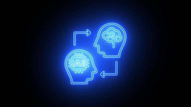 A I human interaction concept with neon blue outlines of two heads exchanging information one with a brain and the other with a microchip symbolizing technology and artificial intelligence