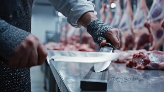 A close-up shot features skilled hands, protected by chainmail gloves, precisely sharpening a large knife on a whetstone. The blurred background reveals raw meat within a professional processing facil