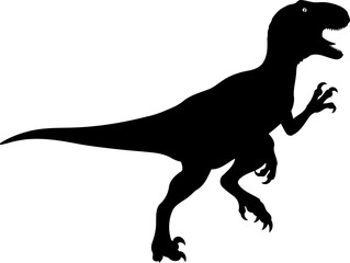 Fototapeta premium An active velociraptor dinosaur, captured in profile with open mouth and raised claw, simple vector silhouette.