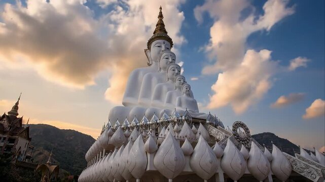 White Buddha statues and temple on a mountain in Thailand with dramatic sky for travel and spi