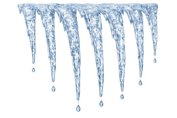 Fototapeta premium Frozen icicles with dripping water isolated on a transparent background, representing winter, thaw, and changing seasons