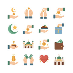Islamic Charity Icons Set with Hands and Symbols.