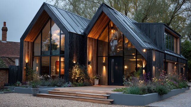 Essex barn conversion with black charred timber cladding and zinc standing seam roof, showcasing modern rustic architecture, elegant exterior design, and contemporary countryside style.