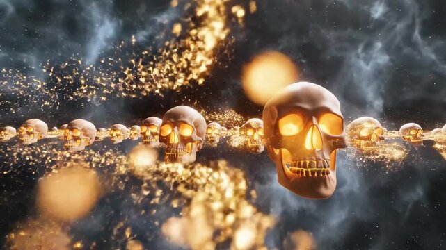 A digital illustration of a human skull with glowing orange eyes and teeth, connected to multiple smaller skulls by a chain-like structure, set against a dark background.
