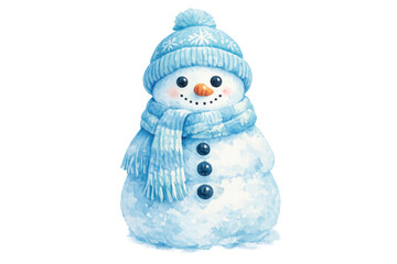 Fototapeta premium Snowman wearing blue hat and scarf, watercolor illustration symbolizing winter holidays and christmas season