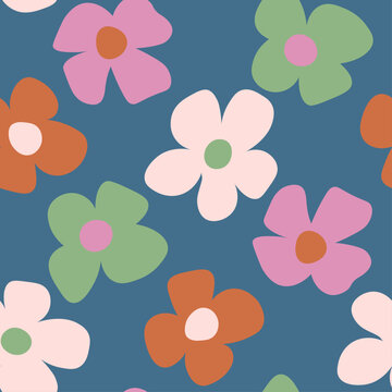 Bold floral vector repeat with stylized petals on deep blue background