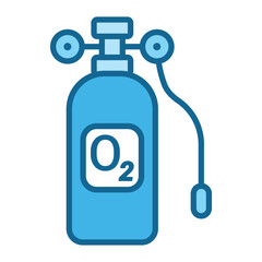 Blue oxygen tank with a regulator and hose suitable for medical, emergency, rescue, first aid, healthcare, hospital, lifesaving, oxygen therapy themes.