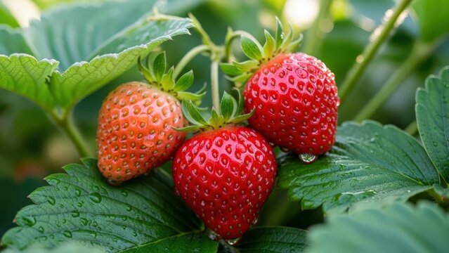 Three ripe strawberries are growing on a plant with green leaves and water droplets. - Powered by Adobe