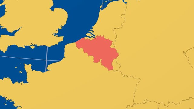 Belgium on Globe. Animated zoom into the country in Ocean Blue Golden Yellow color palette. Belgium logo animation. Map with meridians, parallels. Appealing video.