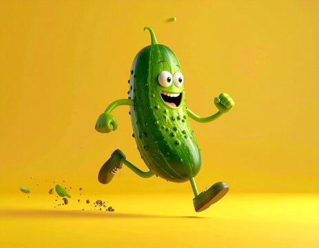 a silly green dill cartoon pickle with happy face sprinting against yellow background