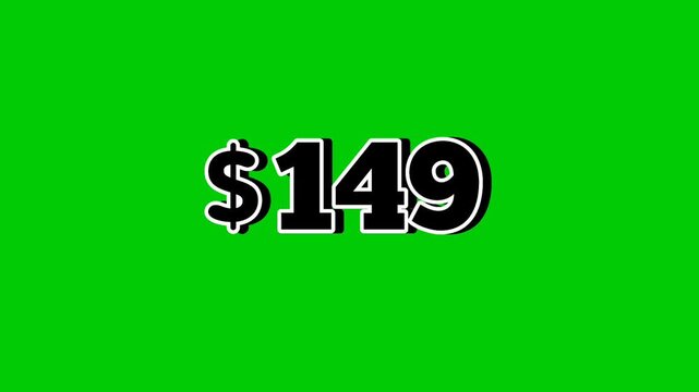 Animation price tag $149 Dollars with smoke effects motion graphics on green screen background. Perfect for ads, e-commerce, retail, discounts, and promotion business concept video element