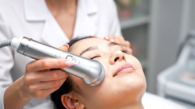 Professional beautician performs facial treatment with advanced device on client