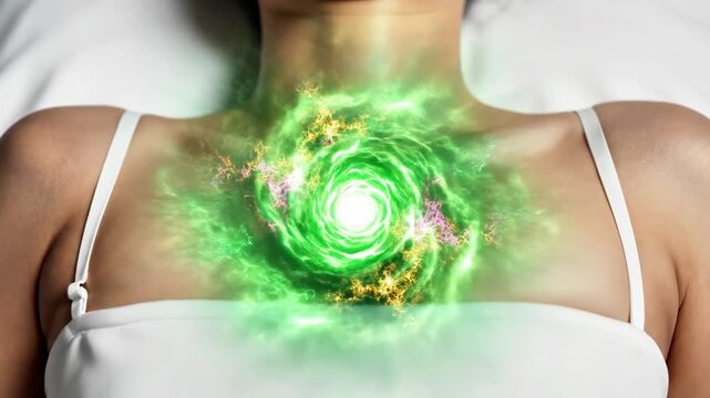 A close-up of a person wearing a white tank top with a green, swirling energy emanating from their chest area