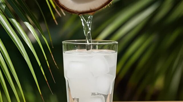 Refreshing coconut water being poured into a glass with ice cubes in a tropical setting video