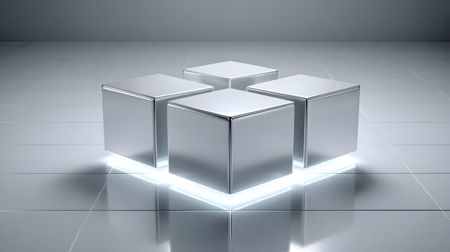 Four Silver Cubes Illuminated from Below on Reflective Surface.