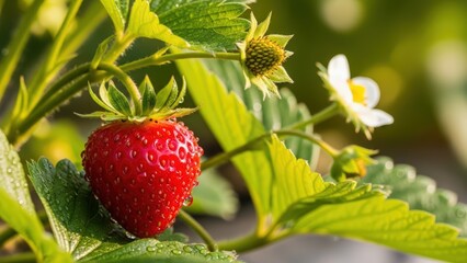 A close-up of a vibrant red strawberry growing on a plant with green leaves and delicate white flowers, glistening with water droplets in natural light.