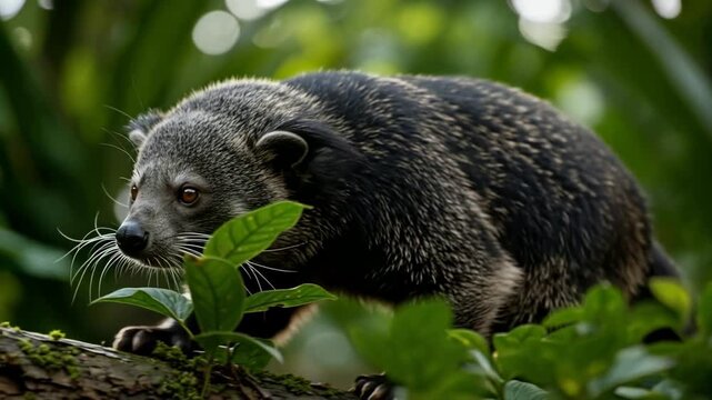 Binturong animal looking into camera, turning its head, and posing on tree branch in jungle environment footage