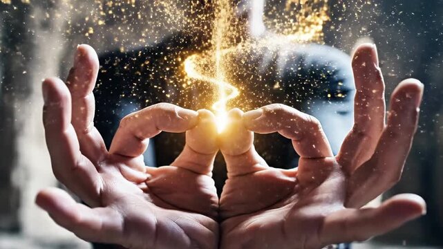 A person's hands cupped together with a sparkling light emanating from between their fingers
