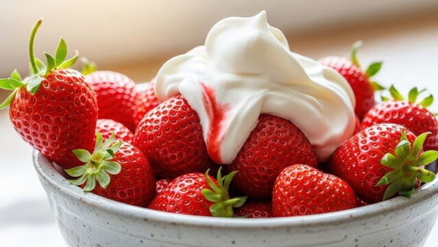 A bowl of fresh red strawberries topped with creamy white whipped cream and a hint of strawberry syrup.