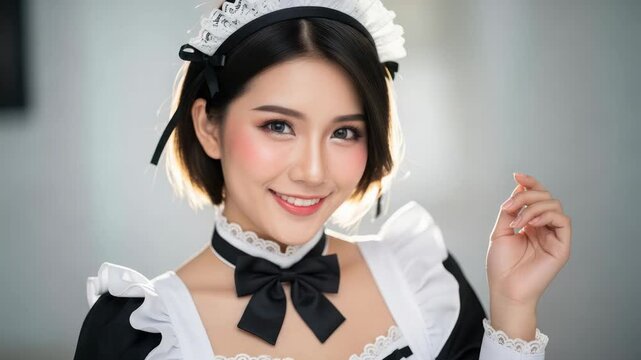Young Asian Woman in French Maid Costume Smiling and Winking