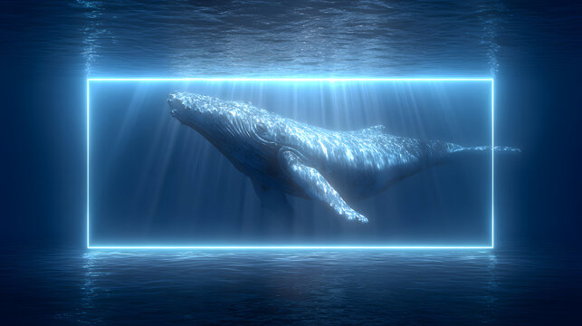 Humpback whale swimming in a neon blue square frame underwater.