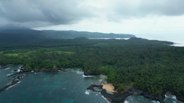 Aerial view from the south coast of S&atilde;o Tom&eacute; e Principe at a cloudy day.Africa