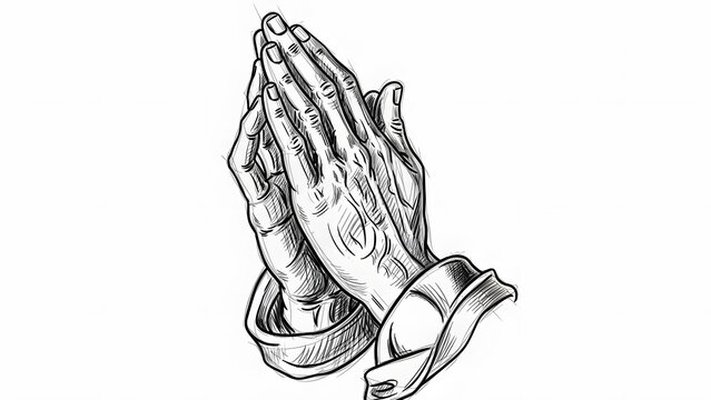 A detailed black and white sketch of two hands pressed together in a prayer position representing faith spirituality and peaceful contemplation