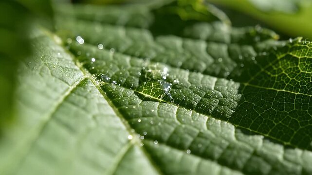 Close-up of a vibrant green leaf with water droplets natures beauty.