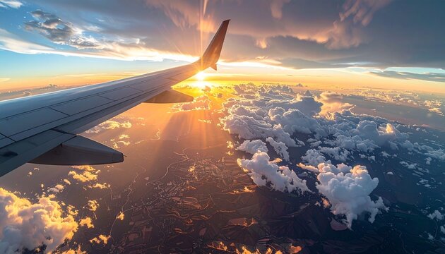 Stunning aerial view of an airplane wing soaring above the clouds during a vibrant sunset.