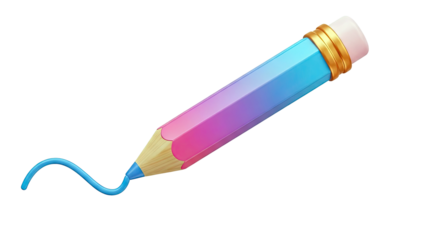 3D Rendered Pencil Drawing a Blue Line with Gradient Body and Pink Eraser