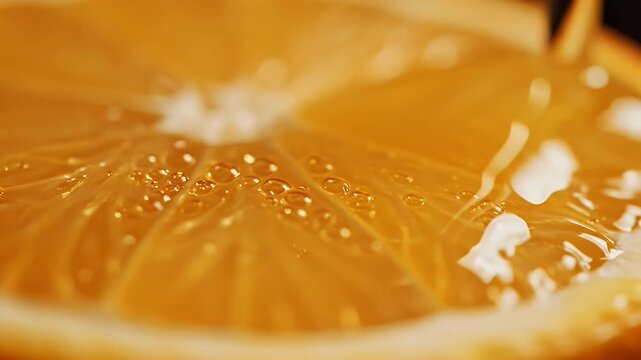 Close up of orange slice with juice pouring over it.