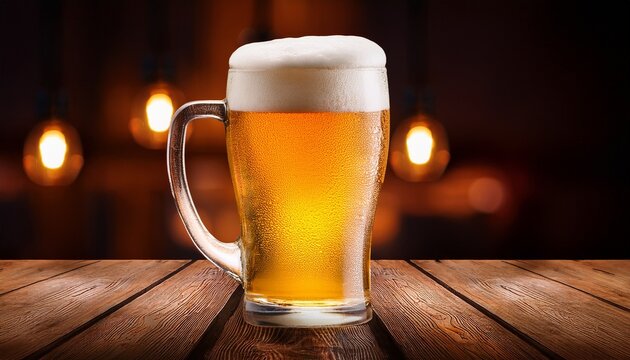 Cerveza Con Vaso De Espuma En Mesa De Madera Y Fondo De Madera En Taberna
