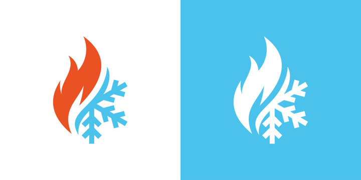 Dual meaning logo combining snow and fire elements, symbolizing contrast, climate control, balance, and efficient heating and cooling solutions.