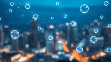 Floating translucent spheres connected by glowing lines, symbolizing global business networks.