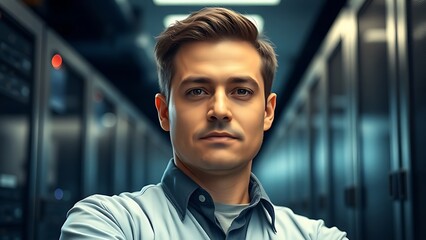 An IT technician in a data center, working among server racks.