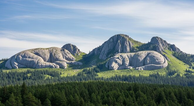Panoramic view of the Carpathian Mountains with the Babele and Sphinx rock formations in Romania.