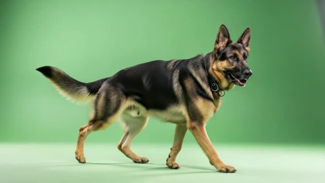 German Shepherd Dog Walking on Green Background, Studio Portrait