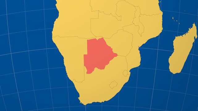 Botswana on Globe. Animated zoom into the country in Ocean Blue Golden Yellow color palette. Botswana logo animation. Map with meridians, parallels. Stylish video.
