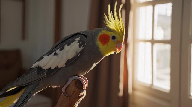 Close-up video shot of a cockatiel perched indoors, bathed in natural light from a window, highlighting its vibrant crest and feathers.