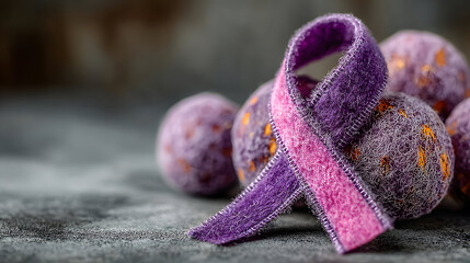 Purple Awareness Ribbon with Decorative Spheres on Textured Surface.