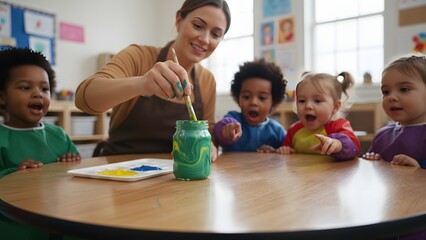 Fototapeta premium Learning of kids, a teacher mother is giving knowledge to a toddler,