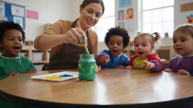 Learning of kids, a teacher mother is giving knowledge to a toddler,