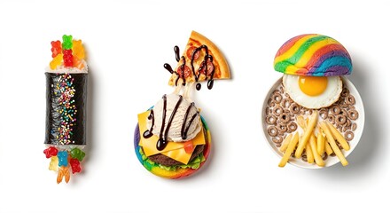 Colorful food art featuring playful dessert creations, including rainbow burger, candy sushi, and whimsical breakfast bowl, celebrating April Fool's Day with vibrant and humorous culinary designs