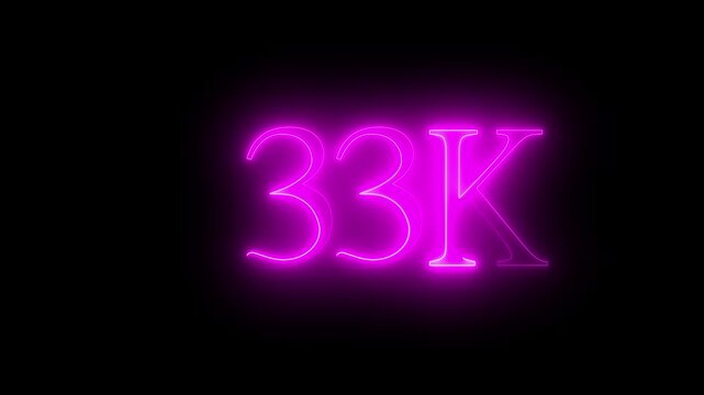 Neon Number 33 K Glowing Purple on Black Background thirty-three thousand