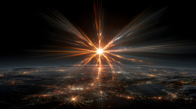 Spectacular city lights and radiant starburst illuminate the night sky.