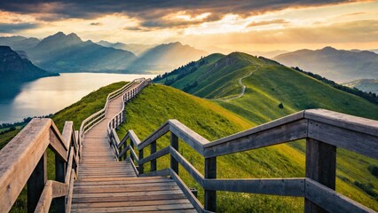 Wooden path on grassy hill overlooking lake and mountains