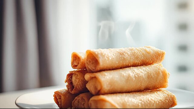 Golden Spring Rolls Stacked on Plate with Sunlight  Curtains Background.