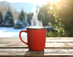 Steaming Cup of Tea on Outdoor Table in Crisp Cold Weather
