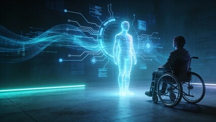 Person in wheelchair viewing digital human figure